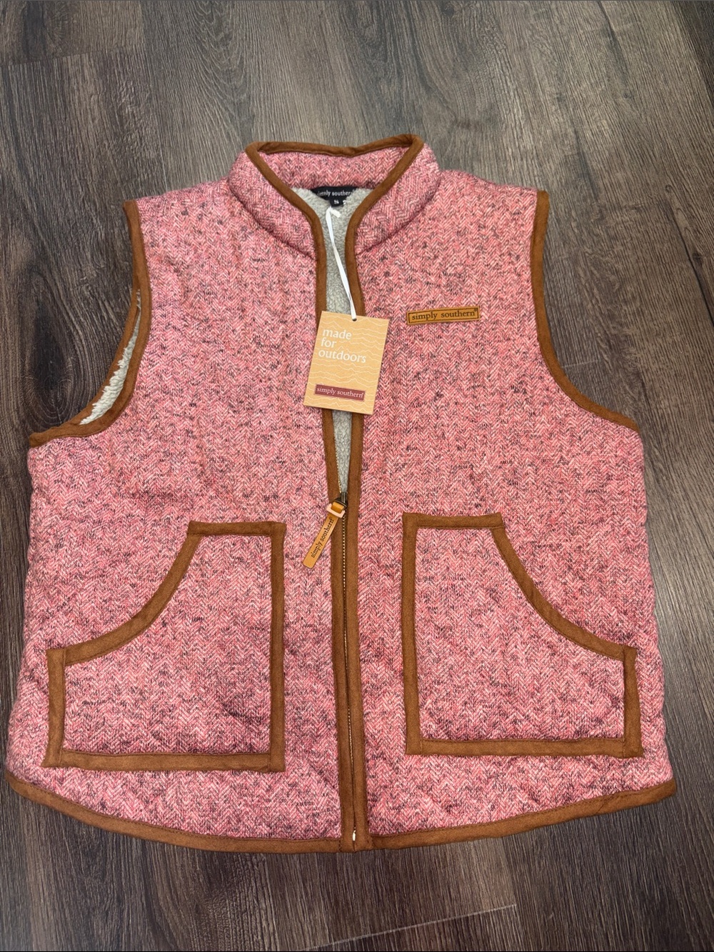 Simply Southern Pink Herringbone women’s Vest with Brown Trim